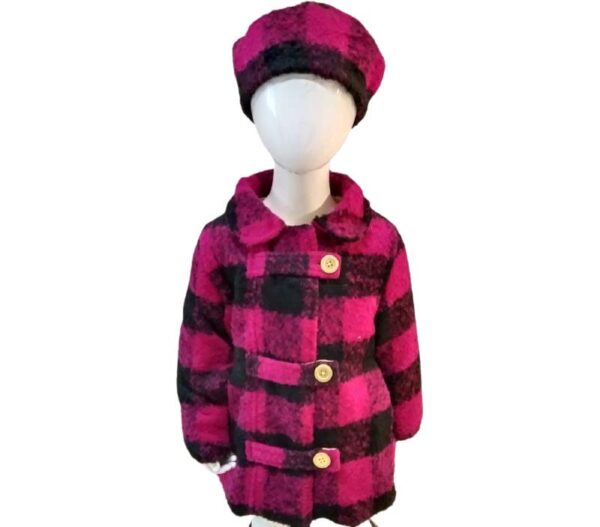 Girls Wool Coat with Hat - Pink/Black